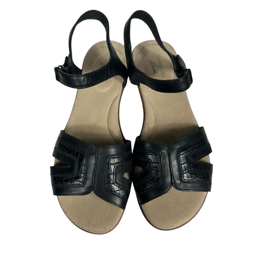 Clarks Womens Ada Mist Sandal Size 7M Black Leather Flat Ankle Strap Comfy Shoe